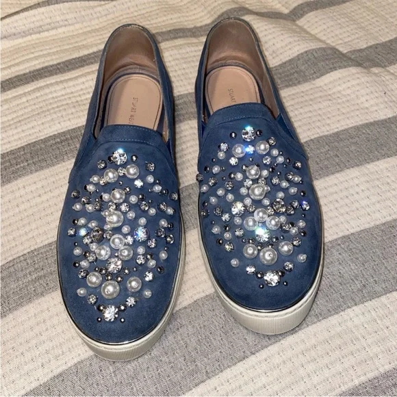 Stuart Weitzman Pearl Crystal Embellished Decor
White Platform Sneakers Slip Ons - Picture 2 of 14